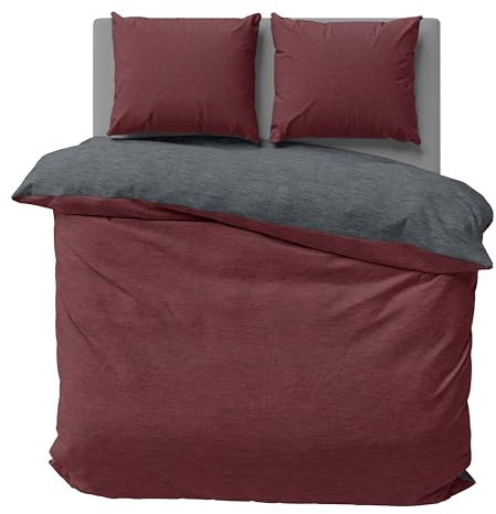one-home Winter Bettwäsche Biber Meliert Baumwolle Flanell Kuschelig Flauschig Warm Weich Modern, Größe:3 teilig 200x220 cm, Farbe:Bordeaux/anthrazit