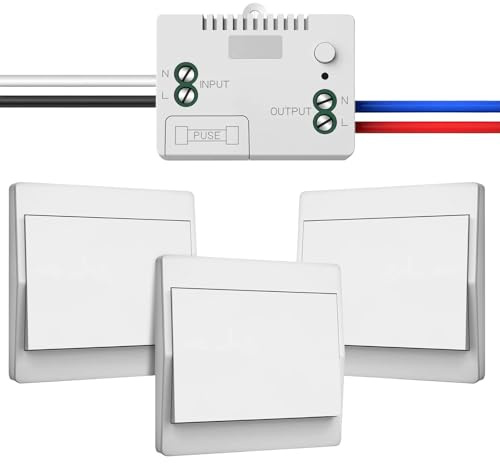 EU Interrupteur Sans Fil Sans Piles, Lot de 3 kit 230 V Interupteur Sans Fil Autoalimente Commutateur RF sans fil Contrôlez votre lampe jusqu'à 200 mètres (EU Kit 1 récepteurs + 3 interrupteurs)