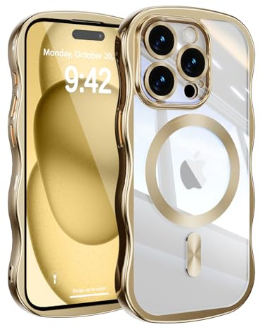 UEEBAI for iPhone 13 Pro Max Case, Cute Wave Translucent Frame Magnetic Phone Case Compatible with Magsafe Full Camera Protection Cover Soft Electroplated Phone Cover for Women Girls - Gold