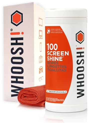 WHOOSH! Screen Shine Screen – Electronic Wipes with Cloth, 100 Count | 23x23 cm Microfiber Cloth, Lint & Streak Free, Non-Abrasive Wipe, Screen Cleaner for TV, Phone, Laptop, Computer & Glasses