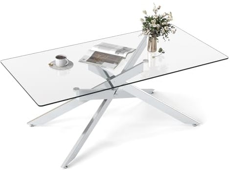 COSTWAY Couchtisch aus gehärtetem Glas, rechteckiger Glastisch mit Metall-Rohrrahmen, Wohnzimmertisch Modern, Kaffeetisch für Wohnzimmer Büro, 120 x 60 x 45,5 cm (Silber)