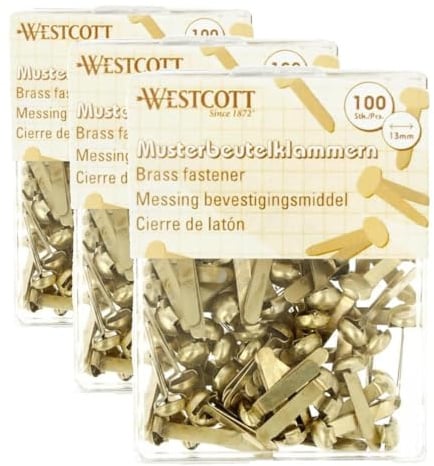 Westcott E-10592 00 clip per sacchetto, 100 pezzi, in ottone, 13 mm, con testa tonda, clip a testa tonda per ufficio e fai da te (Confezione da 3)