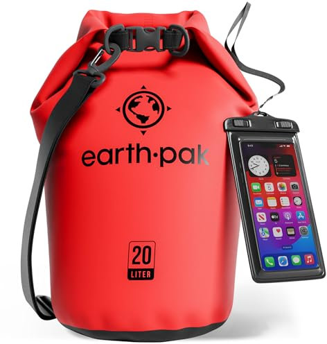Earth Pak -Waterproof Dry Bag - Roll Top Dry Sack Keeps Gear Dry for Boating, Hiking, Camping and Fishing with Waterproof Phone Case (Red, 20L)