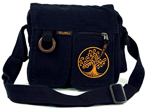 GURU SHOP Ethno Schultertasche `Tree of Life` - Schwarz, Unisex - Erwachsene, Baumwolle, 25x25x15 cm