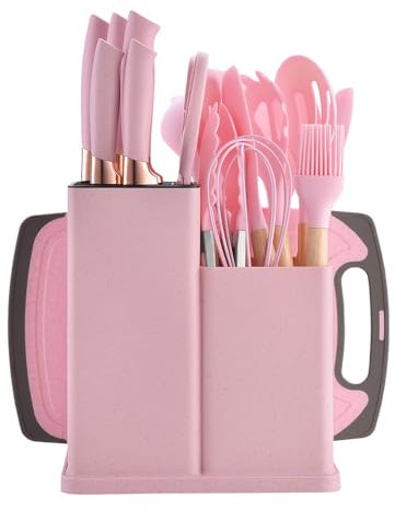 19 Piece Kitchenware Utensils and Knife Set- includes: 9 Piece Silicone Cooking Utensils- 5 Piece Sharp Stainless Steel Chef Knives- Scissors -Whisk Tongs and Cutting Board (Pink)