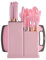 19 Piece Kitchenware Utensils and Knife Set- includes: 9 Piece Silicone Cooking Utensils- 5 Piece Sharp Stainless Steel Chef Knives- Scissors -Whisk Tongs and Cutting Board (Pink)