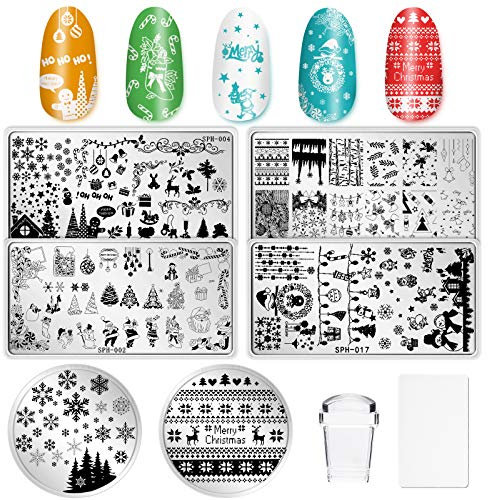 Whaline Christmas Nail Art Plates Santa Reindeer Snowflake Image Stamp Templates Stamping Kit - 6 Manicure Stencils Tool Set with 1 Polish Stamper and 1 Scraper by Salon Designs
