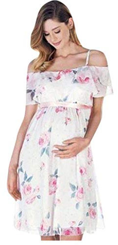 Huixin Robe De Maternité pour Femme Robes D Robe Vêtements Allaitement De Grossesse Épaule À L Épaule Motif Floral en Mousseline De Soie Robe D Été pour Femme Enceinte (Color : Blanc, Size : S)