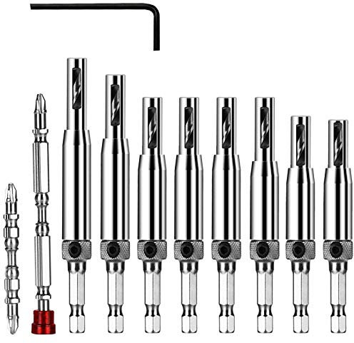 flintronic Foret à Centrer, 11 PCS Foret pour Charnière à Centrage Automatique, Outil de Perçage du Trou pour Le Travail Du Bois, Mèches de Perçage pour Fenêtre de Porte Ajustable