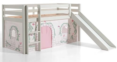 Vipack Spielbett Pino inkl. Rutsche mit Textilset Vorhang Birdy Kiefer massiv weiß lackiert