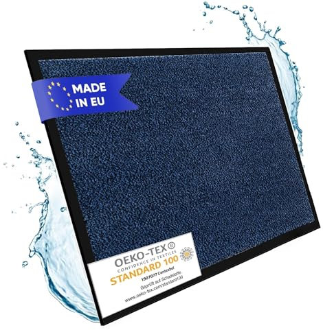 Entrando Fußmatte 90x120 cm für außen & innen – robuste Schmutzfangmatte mit Vinylrücken – waschbar & geruchsneutral – Teppich für Eingangsbereich, Wohnungstür, Praxis (Blau Schwarz)