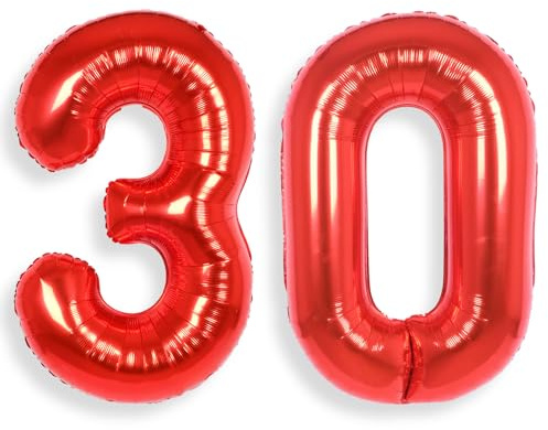 AULE Luftballon Zahl 30 Rot 40 Zoll Folienballon Helium 0-60 Geburtstag | XXL 101 cm Rot Luftballon Zahlen Groß Zahlenballon für Geburtstag Abschluss Jubiläum Dekoration