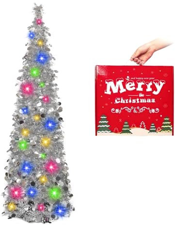 N&T NIETING Arbol de Navidad, 5ft Plegable Pop Up Árbol de Navidad Oropel Costera Árbol de Navidad para Las Vacaciones de Navidad Decoraciones, Home Display, Decoración de la Oficina