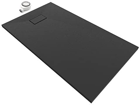 SMC BOREAL Duschwanne 140x80 cm, Extra Flache und Robuste Duschtasse 26MM Mit Anti-Rutsch-Oberfläche In Schieferoptik/Steinoptik - Schwarz, Inkl. Ablaufgarnitur Mit Deckel