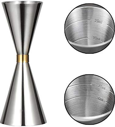 Vaso Medidor de Cócteles, PTN Acero Inoxidable Jigger de cóctel Doble, Báscula Incorporada, Taza Medidora de Bebidas de Camarero Profesional Plateada 30 ml x 60 ml