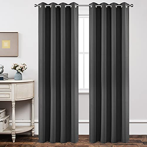 Joydeco Verdunkelungsvorhänge, 275 cm extra lang, 2 Paneele, Raumverdunkelung, mit Ösen, für Wohnzimmer, Schlafzimmer, Fenster, ca. 130 x 275 cm (B x L), Dunkelgrau