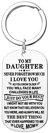 AMDXD Porte Clef Moto, Porte-Clés Acier Inoxydable Dog Tag avec Gravure TO MY DAUGHTER...LOVE, MOM, Argent, 28 X 50MM