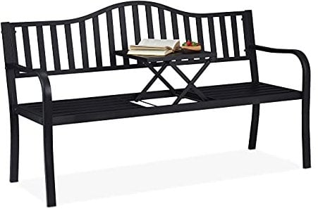 Relaxdays Gartenbank mit klappbarem Tisch, 3-Sitzer, stabil, Garten, Metall Balkonbank, HBT 89 x 150 x 58,5 cm, schwarz