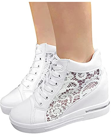 BIBOKAOKE Damen Keilabsatz Sneaker Turnschuhe Wedges Sportschuhe Atmungsaktive Mesh Spitze Laufschuhe Outdoor Freizeitschuhe Elegante Frauen Schnürhalbschuhe Schöne Damenschuhe