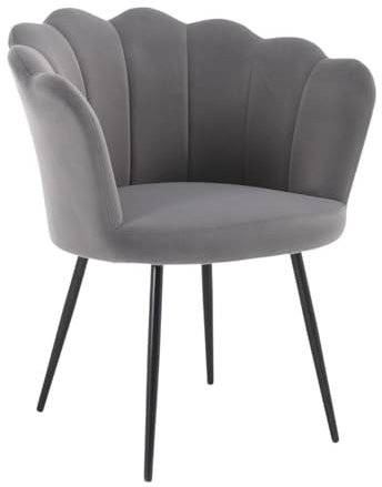 Home Source Velvet Scallop Shell Chair Wing Back Armchair Occasional Sofa, Grey, Black Metal Legs
