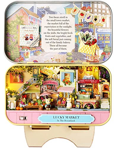 Spilay DIY Miniature Dollhouse Wooden Furniture Kit,Handmade Mini Iron Box theater Model,1:24 Scale Creative Doll House Toys for Lovers (Lucky Market) Model Q08