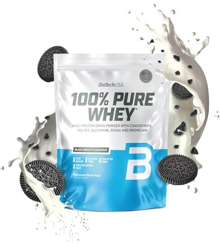BioTechUSA 100% Pure Whey | Proteinpulver mit BCAA und Glutamin | Glutenfrei, Palmölfrei | 21g Protein pro Portion, 1 kg, Black Biscuit