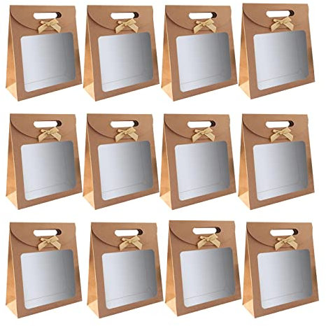12 Pièces Sac Papier Kraft,Sac Cadeau avec Poignée,Sac Cadeau avec Fenêtre, pour Emballer des Cadeaux de Banquet, des Bonbons, des Biscuits,Taille Moyenne