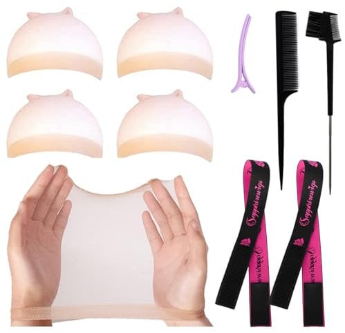 Sapphirewigs 2PCS Wig Band for Melting Lace, 4PCS HD Wig Caps, Elastic Bands, Breathable Caps, Edge Laying