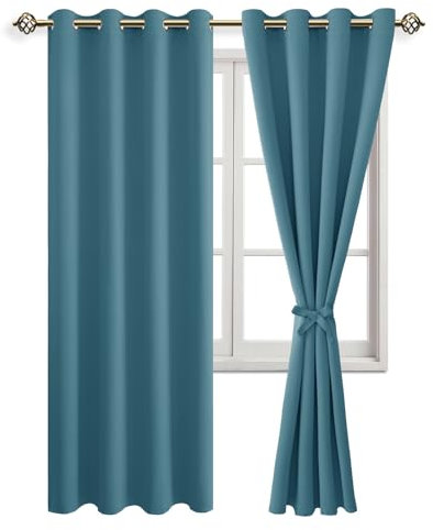 JIUZHEN Blickdicht Vorhänge Gardinen Ösenvorhang für Schlafzimmer Wohnzimmer, Verdunkelungsvorhang mit Vorhang-Krawatten, Türkis, 2 Stück, 215x140cm(HxB)