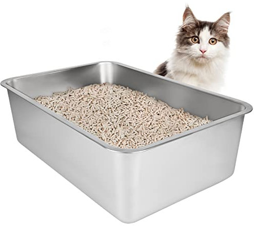 IKITCHEN Große Katzentoilette Edelstahl(60×40×20cm), Litter Box Katzenklo, Katzen und Kaninchen Metall klo, Niemals Gerüche, Fleckfrei, Rostfrei, Antihaft Glatte Oberfläche, Anti-Rutsch Gummiboden