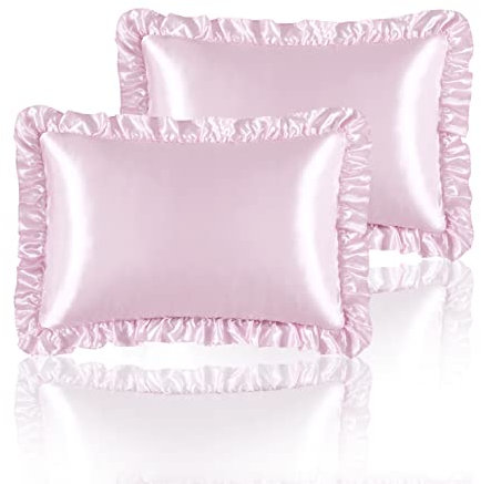 HommxJF Seidige Satin-Kissenbezüge mit Rüschen für Haar und Haut, rosa Seidenkissenbezüge, Standard-Set, 2er-Set, mit Hotelverschluss, Prinzessinnen-Raumdekoration