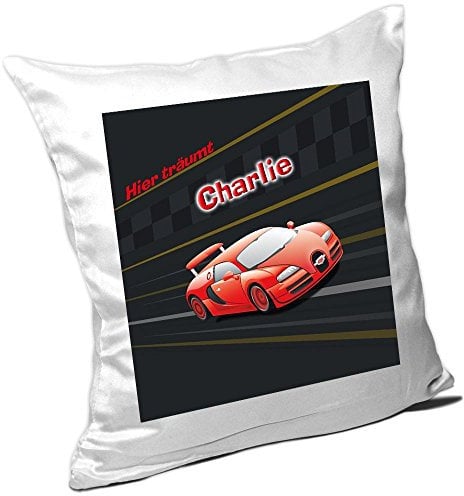Eurofoto Kissen mit Namen Charlie und schönem Racing-Motiv für Jungen - Namenskissen personalisiert - Kuschelkissen - Schmusekissen