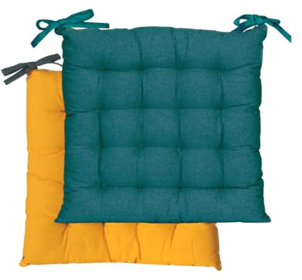 Atout Ciel Galette de Chaise carrée Bicolore 40x40cm, Bleu Canard/Moutarde