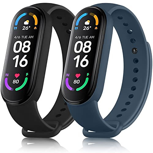 Tobfit 2 Piezas para Correa Xiaomi Mi Band 6 / Xiaomi Mi Band 5 / Amazfit Band 5, Correas de Silicona Pulseras de Repuesto Deportiva Clásica Original para Mujer Hombre, Negro+Azul Oscuro