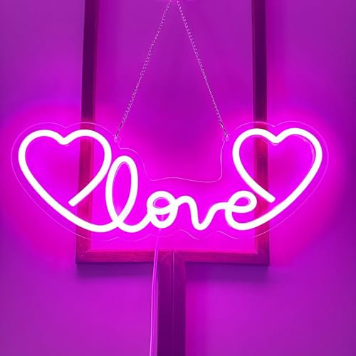 Love Heart Pink LED Neon Sign for Wedding Propose Marriage Mother's Day Valentine's Day Wall Decor, Dimmable Hanging Neon Light up Night Lamp Signs for Background,USB Powered,15 * 5.5in…