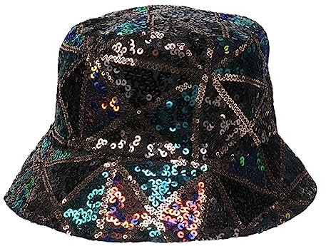 Inzegao Frauen Glitzer Pailletten Bucket Hat Breite Krempe Bling Strand Sonnenhut für Festival Party Club Disco, Schwarz Gold, Einheitsgröße