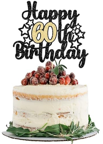 Gyufise 1Pc Happy 60th Birthday Cake Topper Black Gold Glitter Cheers to 60 Years Birthday Cake Pick 60 Fabulous Cake Decoration for Happy 60th Birthday Anniversary Party Supplies