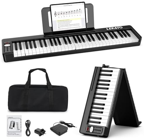 LEKATO 61 Key Folding Piano Keyboard, Semi-Weighted Keys Portable Electric Piano with Music Rest, Travel Bag, Piano Pedal, Bluetooth MIDI Amp for Beginner, Adults, Kids