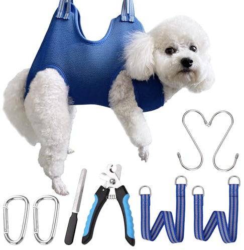 OVTEXZOG Dog Grooming Hammock Harness, Dog Sling for Nail Clipping/Trimming,Pet Grooming Restraint Bag with Nail Clippers Trimmer,Dog Grooming Supplies Kit for Claw Care (Small 30LB Max/Blue)