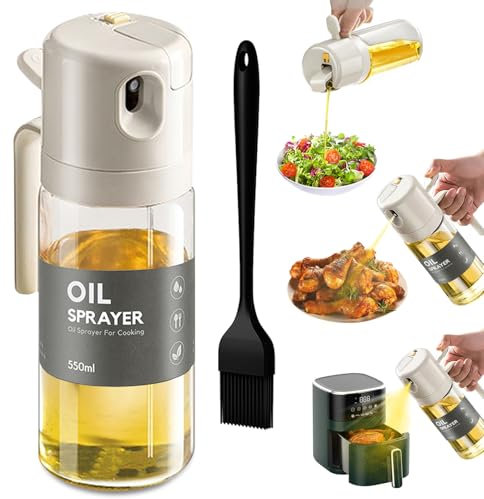 Fuwnvuwn Spruzzino Olio per Friggitrice Aria 550ml, Spruzzatore Olio 2 in 1, Nebulizzatore Olio con un Pennello in Silicone, Olio Spray per Friggitrice Ad Aria per Cucinare,Grigliare,Insalata (Beige)