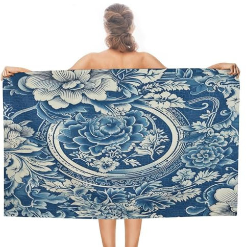 CustonCares Strandtuch für Damen, blaues und weißes Porzellan, Blumenmotiv, Reisehandtuch, sandfrei, saugfähig, schnell trocknend, Picknick-Handtuch, blaue Blume, Fresko, Euro-Kissenbezug, süßes