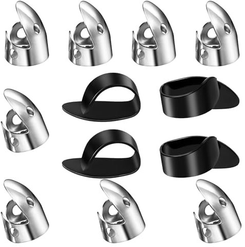 Lusofie 12 Stück Fingerpicks Daumen Plektren Gitarre Set 8 Silber Edelstahl Finger Pick Plektrum Und 4 Schwarz Kunststoff Daumen Picks Für Akustikgitarre E-Gitarre Banjo Ukulele Harf Bass
