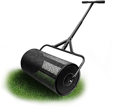Spandiconcime per compost, 61 cm, durevole, rullo per prato, rullo leggero per spargere letame con manico a forma di T, spargitore di terreno superiore per prato e giardino, setaccio per passeggiate e