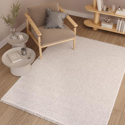 TAPISO Agra Teppich Creme Grau Kariert Schlingen Wohnzimmer 160 x 220 cm | Teppich mit Fransen Modern Boho Design Weich Loop Optik Schlafzimmer OEKO-TEX