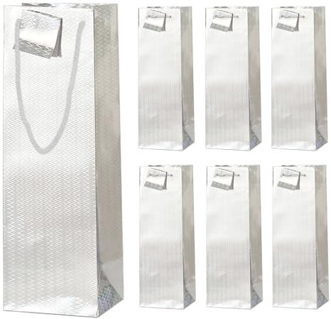6 Pack Metallic Wine Gift Bags - Holographic Paper Bottle Bags for Wedding, Birthday, Christmas, Retirement Party Supplies (Silver)