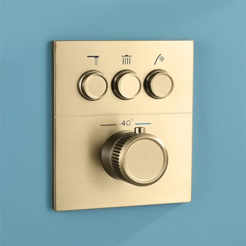 YYBAO Thermostatique Mitigeur de Douche Encastrable, Mitigeur Thermostatique Douche 3 Sorties Vanne de Dérivation Douche avec Bouton Robinet Thermostatique, Utilisable Simultanément(Brushed Gold)