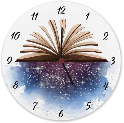 speecheese Buch mit schönem Wasserfarbenmotiv Wanduhr aus Alu Schöne Uhr für Leseratten mit Büchermotiv und Universum als Kinderuhr für Kids die auf magische Bücher Stehen
