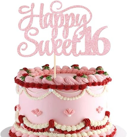 1 Stück Happy Sweet 16 Kuchen Deko Glitzer Teenager 16th Cake Topper Prost auf 16 Geburtstag Tortendeko für 16th Geburtstag Jahrestag Party Kuchen Dekoendeko Helles Rosa