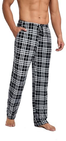 Dosieyeo Pantalon de pyjama pour homme - Long - Léger et aéré - Avec poches - Pantalon ample avec taille élastique - Pantalon de loisirs - M à 3XL, Blanc/noir à carreaux, XXL