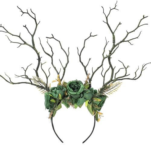 MOSTORY Bandeau de branche de forêt de fées - Bandeau floral avec bois de cerf marron pour accessoires Renaissance, femmes, sorcière, renfaire, Halloween, cosplay, séance photo fantaisie